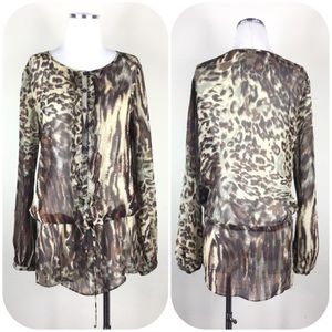 Cabi Cheetah Ruffle Silk Tunic Top Blouse